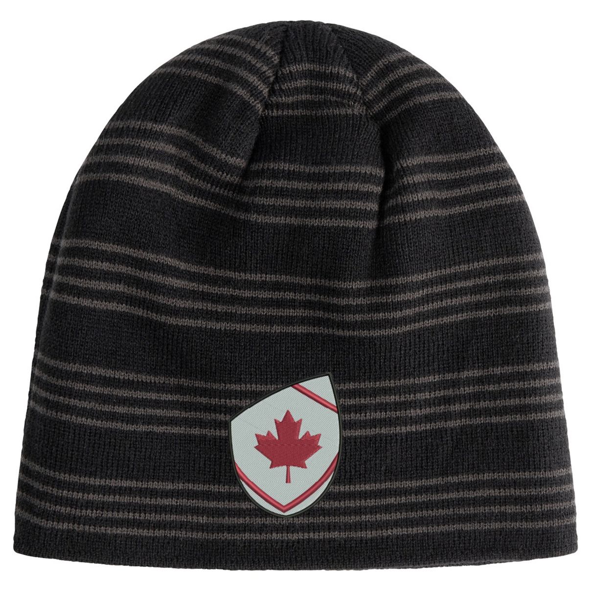 The EMB Canterbury Canada Shield Beanie features black and grey stripes and a shield patch with a red maple leaf—ideal for rugby supporters.