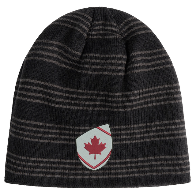 The EMB Canterbury Canada Shield Beanie features black and grey stripes and a shield patch with a red maple leaf—ideal for rugby supporters.