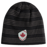 The EMB Canterbury Canada Shield Beanie features black and grey stripes and a shield patch with a red maple leaf—ideal for rugby supporters.