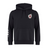 The Canterbury Canada Shield Club Hoodie by EMB Canterbury features black sweatshirt fleece, a front pocket, a maple leaf shield on the left chest, and three white stripes on the right sleeve—ideal for any rugby supporter.