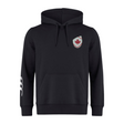 The Canterbury Canada Shield Club Hoodie by EMB Canterbury features black sweatshirt fleece, a front pocket, a maple leaf shield on the left chest, and three white stripes on the right sleeve—ideal for any rugby supporter.