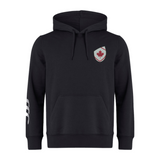 The Canterbury Canada Shield Club Hoodie by EMB Canterbury features black sweatshirt fleece, a front pocket, a maple leaf shield on the left chest, and three white stripes on the right sleeve—ideal for any rugby supporter.