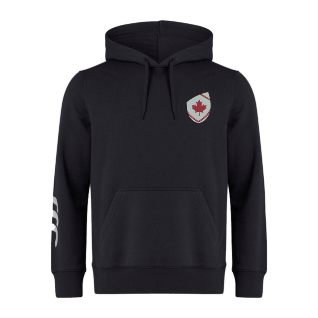 The Canterbury Canada Shield Club Hoodie by EMB Canterbury features black sweatshirt fleece, a front pocket, a maple leaf shield on the left chest, and three white stripes on the right sleeve—ideal for any rugby supporter.