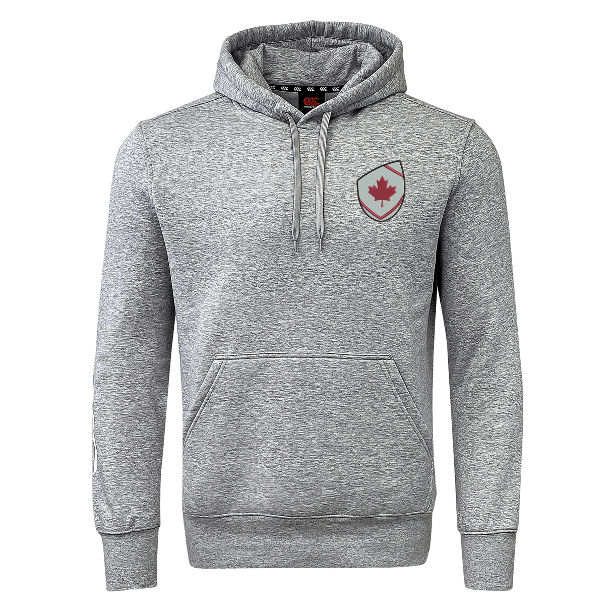 The EMB Canterbury Canada Shield Club Hoodie features gray sweatshirt fleece, a front pocket, and a red maple leaf emblem—perfect for fans of Canada or rugby supporters.