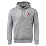 The EMB Canterbury Canada Shield Club Hoodie features gray sweatshirt fleece, a front pocket, and a red maple leaf emblem—perfect for fans of Canada or rugby supporters.