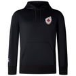 The EMB Canterbury Canterbury Canada Shield Club Lightweight Hoodie is black with a front pocket and a red maple leaf on a white shield patch on the left chest—ideal apparel for Canada supporters.