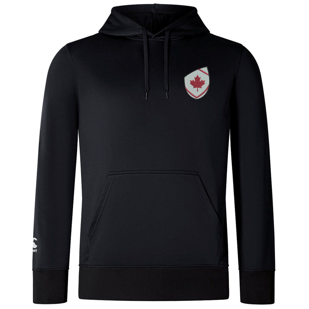 The EMB Canterbury Canterbury Canada Shield Club Lightweight Hoodie is black with a front pocket and a red maple leaf on a white shield patch on the left chest—ideal apparel for Canada supporters.