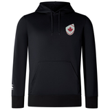 The EMB Canterbury Canterbury Canada Shield Club Lightweight Hoodie is black with a front pocket and a red maple leaf on a white shield patch on the left chest—ideal apparel for Canada supporters.
