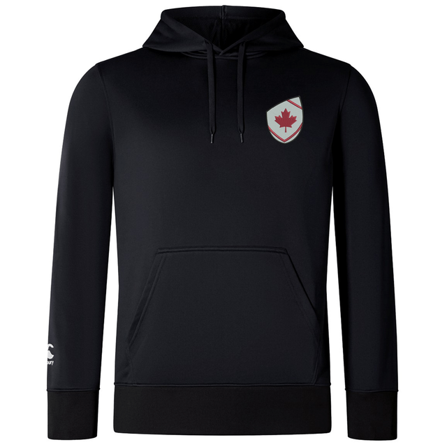 The EMB Canterbury Canterbury Canada Shield Club Lightweight Hoodie is black with a front pocket and a red maple leaf on a white shield patch on the left chest—ideal apparel for Canada supporters.