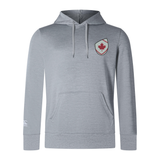 The EMB Canterbury Canada Shield Club Lightweight Hoodie features a light gray design with drawstrings, front pocket, and a red maple leaf on the chest—ideal for Canada fans or as a comfortable rugby hoodie.