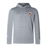 The EMB Canterbury Canada Shield Club Lightweight Hoodie features a light gray design with drawstrings, front pocket, and a red maple leaf on the chest—ideal for Canada fans or as a comfortable rugby hoodie.