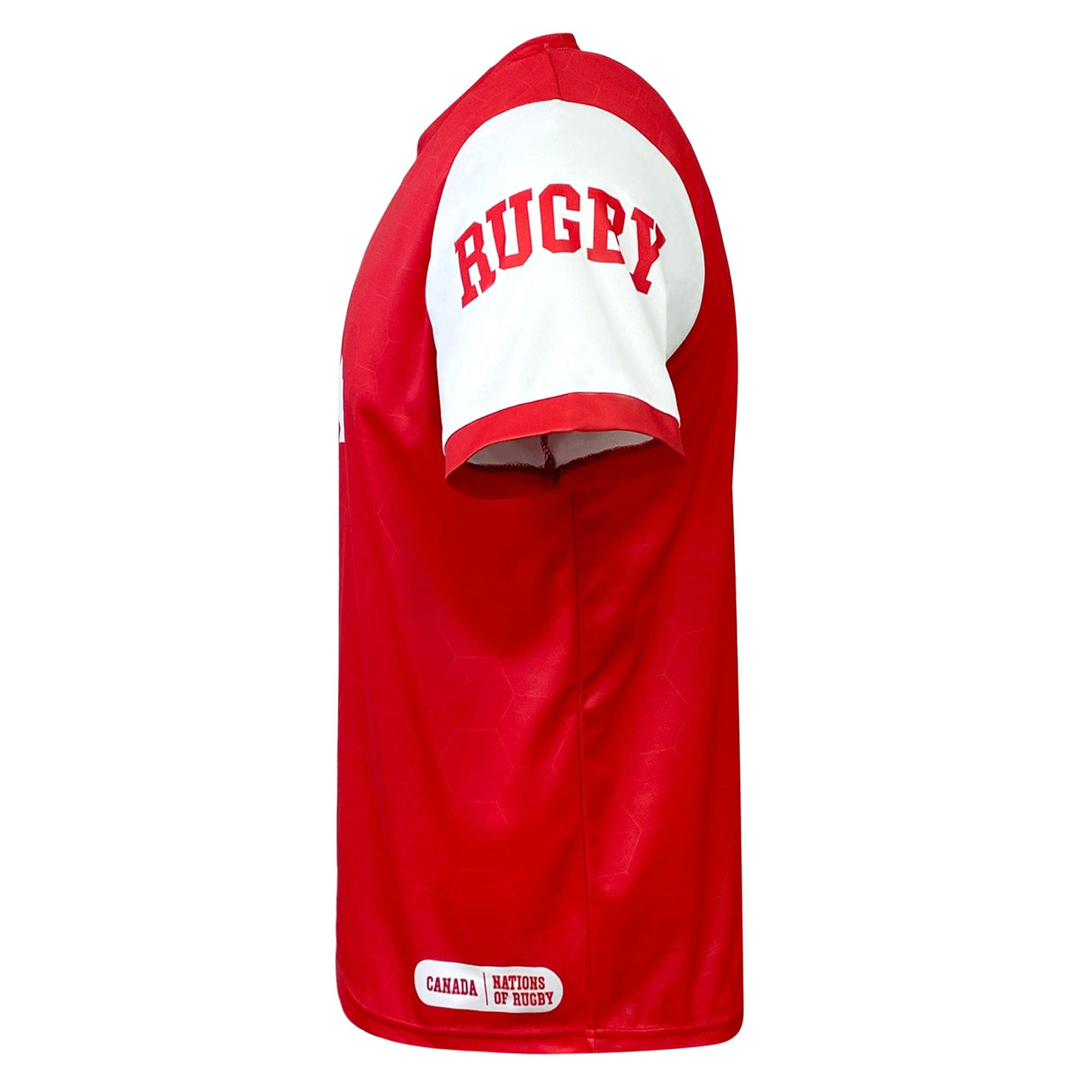 Side view of a red rugby jersey with "RUGBY" written in bold red letters on the white sleeve. The bottom back of this Nations of Rugby Canada Sevens Rugby Flag Jersey from Admiral features "CANADA" and "NATIONS OF RUGBY" logos, proudly representing Canada Sevens Rugby.