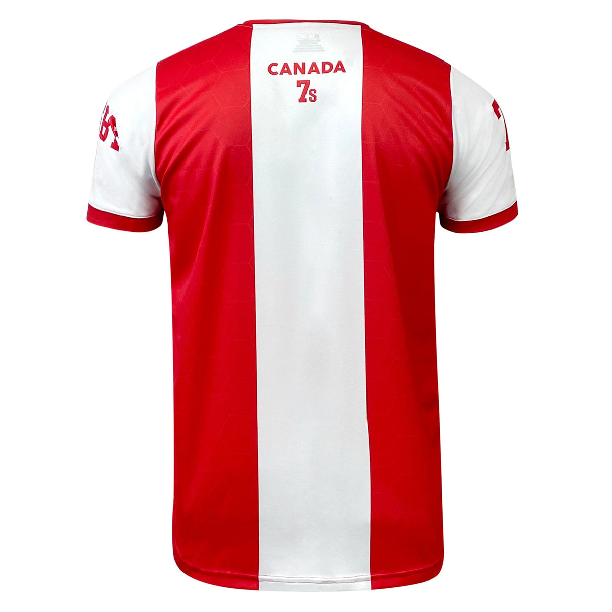 Back view of a red and white Nations of Rugby Canada Sevens Rugby Flag Jersey by Admiral with the text "CANADA 7s" on the upper back, perfect for cheering on the Canada Sevens Rugby team.
