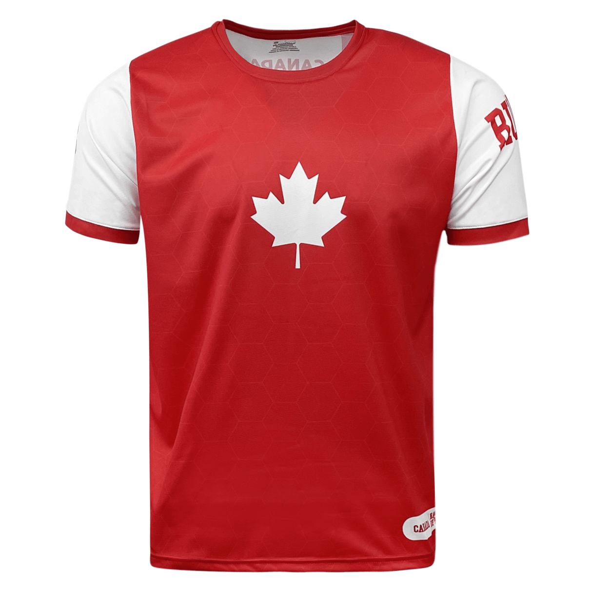 Admiral Nations of Rugby Canada Sevens Rugby Flag Jersey featuring a large white maple leaf on the front, with the word "CANADA" faintly visible on the top edge. Perfect for cheering at Nations of Rugby or showing your pride at Canada Sevens Rugby.