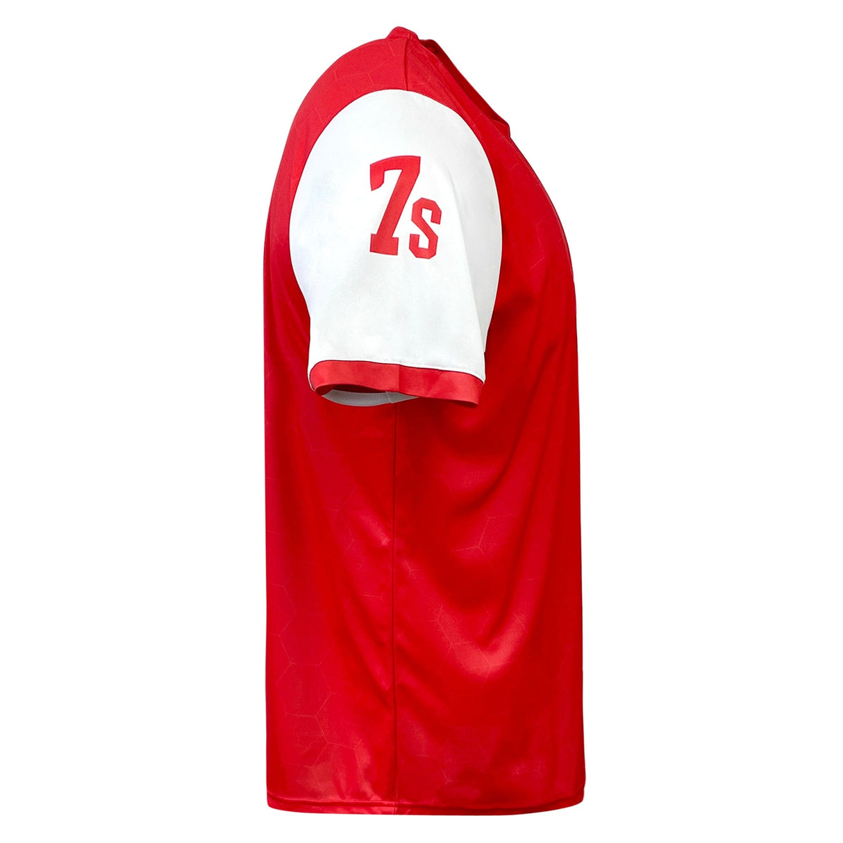 A red Nations of Rugby Canada Sevens Rugby Flag Jersey by Admiral with white sleeves, proudly representing the Canada Sevens Rugby team, and featuring the number 7 on the left sleeve.