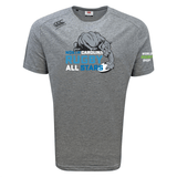NC All Stars Tempo Vapodri T-Shirt by Canterbury featuring a rugby player graphic and the text "North Carolina Rugby All Stars" on the front, with additional small logos on the sleeves. Enhanced with moisture-wicking VapoDri technology for comfort and performance.