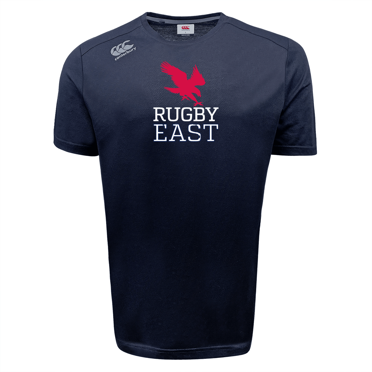 Navy blue Rugby East Conference Tempo Vapodri T-Shirt by WRS Canterbury featuring a red bird graphic and "Rugby East" text on the front. The T-shirt has a "CCC" logo on the right shoulder, a "Canterbury" logo on the left shoulder, and incorporates VapoDri technology for moisture-wicking comfort.