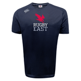 Navy blue Rugby East Conference Tempo Vapodri T-Shirt by WRS Canterbury featuring a red bird graphic and "Rugby East" text on the front. The T-shirt has a "CCC" logo on the right shoulder, a "Canterbury" logo on the left shoulder, and incorporates VapoDri technology for moisture-wicking comfort.