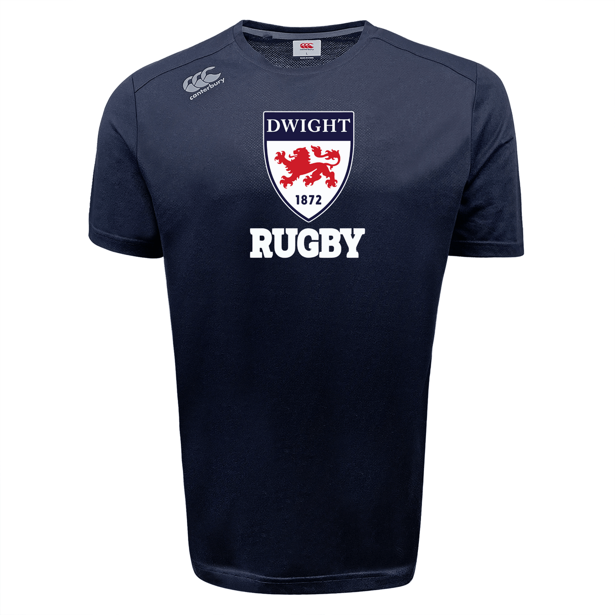 A navy blue rugby shirt with the text "dwight 1872 rugby" featuring VapoDri technology, and a red crest with a white horse on the front, along with the WRS Canterbury logo
