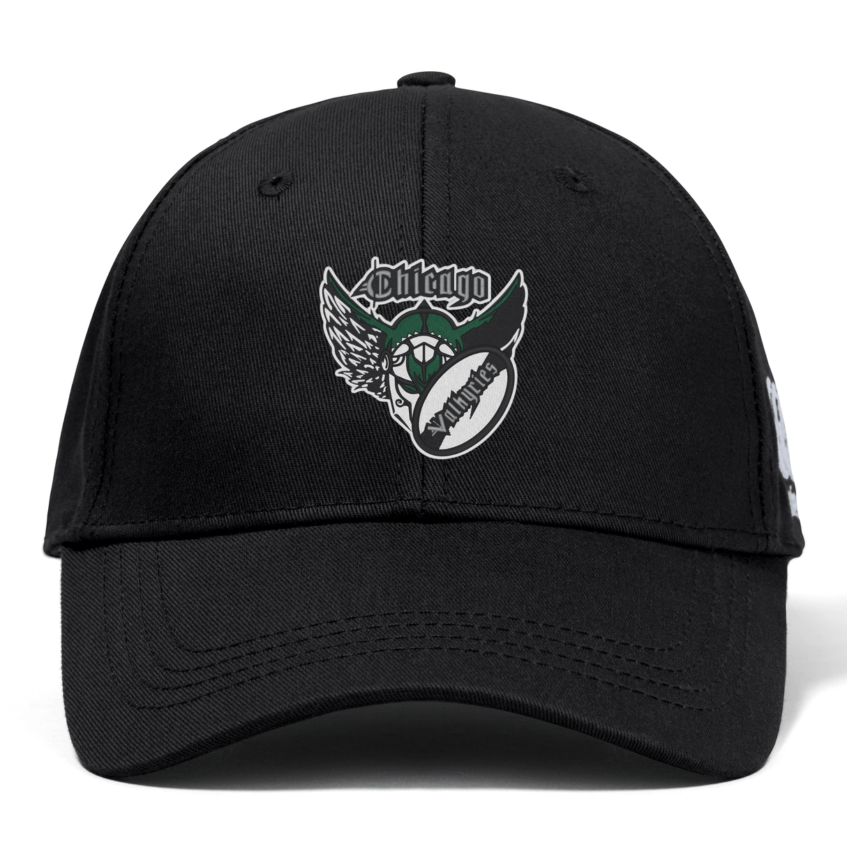 Black baseball cap with a white and gray embroidered "Chicago Valkyries" logo featuring a stylized creature with wings on the front.