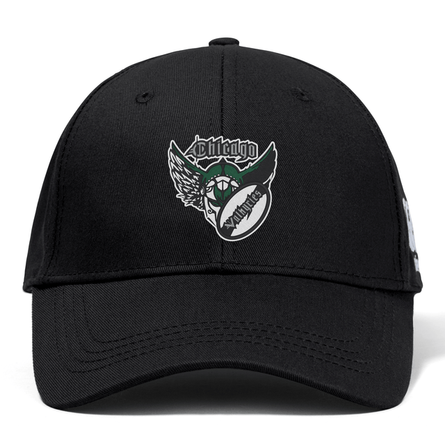 Black baseball cap with a white and gray embroidered "Chicago Valkyries" logo featuring a stylized creature with wings on the front.