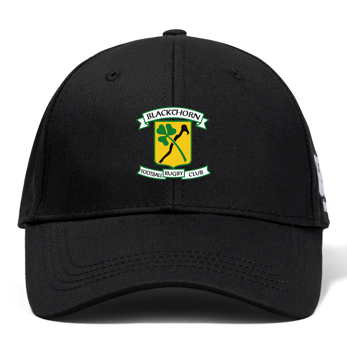 Blackthorn RFC Flexfit Drill Cap by EMB Canterbury with an embroidered logo reading "Blackhorn Football Rugby Club," featuring a green and yellow emblem with crossed rugby posts and a curved brim.