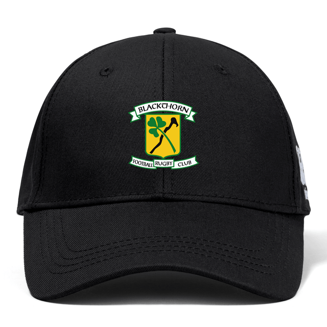 Blackthorn RFC Flexfit Drill Cap by EMB Canterbury with an embroidered logo reading "Blackhorn Football Rugby Club," featuring a green and yellow emblem with crossed rugby posts and a curved brim.