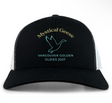 The Mystical Geese Retro Trucker Hat by EMB S&S Activewear is a black and white cap featuring "Mystical Geese" and a flying goose graphic above the "Vancouver Golden Oldies 2027" text on the front panel. This trucker hat includes a snapback closure for an adjustable, comfortable fit.