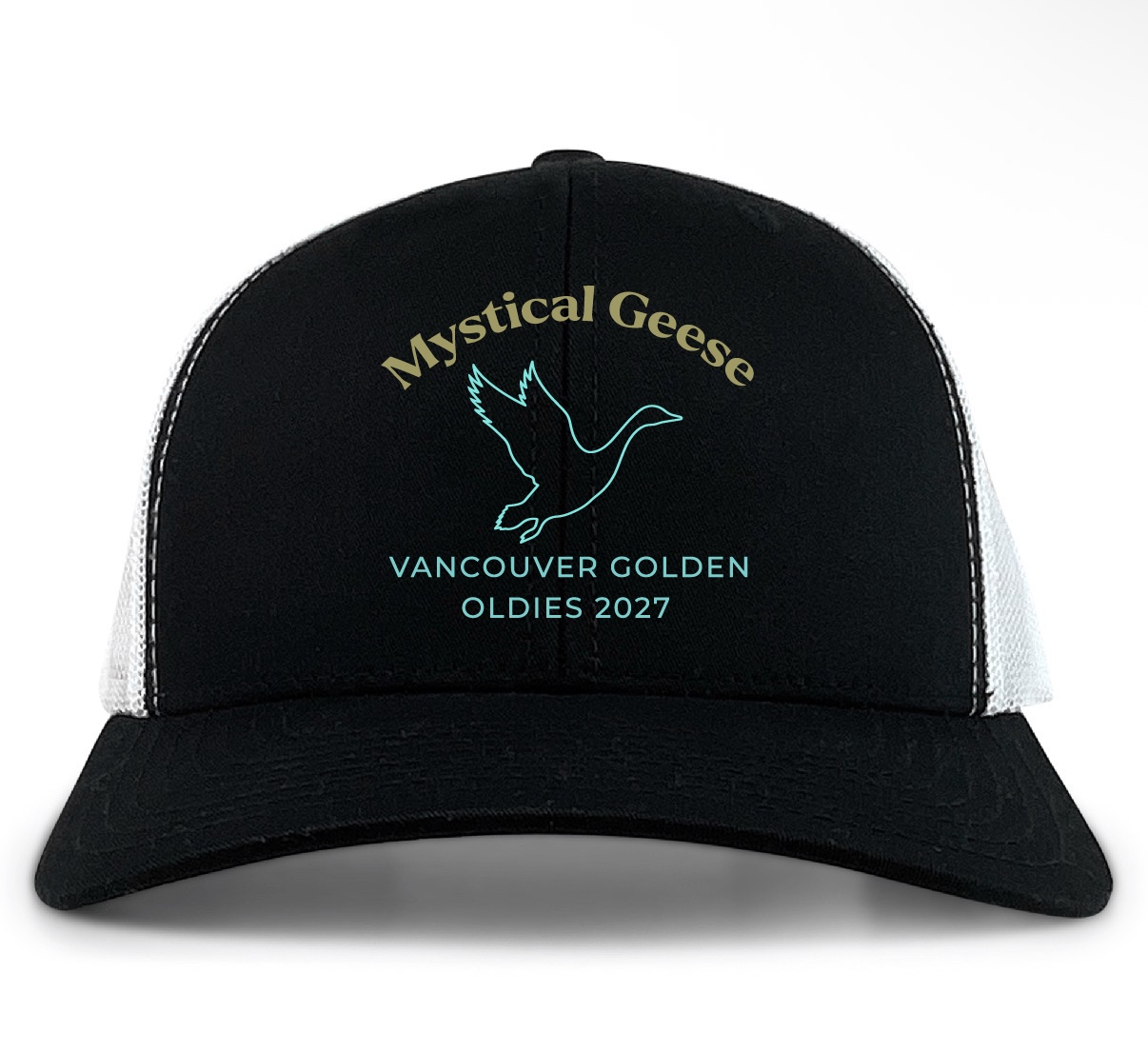 The Mystical Geese Retro Trucker Hat by EMB S&S Activewear is a black and white cap featuring "Mystical Geese" and a flying goose graphic above the "Vancouver Golden Oldies 2027" text on the front panel. This trucker hat includes a snapback closure for an adjustable, comfortable fit.