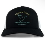 The Mystical Geese Retro Trucker Hat by EMB S&S Activewear is a black and white cap featuring "Mystical Geese" and a flying goose graphic above the "Vancouver Golden Oldies 2027" text on the front panel. This trucker hat includes a snapback closure for an adjustable, comfortable fit.