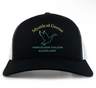 The Mystical Geese Retro Trucker Hat by EMB S&S Activewear is a black and white cap featuring "Mystical Geese" and a flying goose graphic above the "Vancouver Golden Oldies 2027" text on the front panel. This trucker hat includes a snapback closure for an adjustable, comfortable fit.
