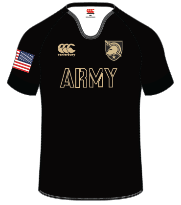 The West Point Black CCC Ihi Replica Jersey by Custom CCC MUD features short sleeves, "ARMY" in gold, a gold chest crest, Canterbury logo, and a U.S. flag patch on the right sleeve. Order 7/1-14; allow 8 weeks for production/delivery.