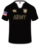 The West Point Black CCC Ihi Replica Jersey by Custom CCC MUD features short sleeves, "ARMY" in gold, a gold chest crest, Canterbury logo, and a U.S. flag patch on the right sleeve. Order 7/1-14; allow 8 weeks for production/delivery.