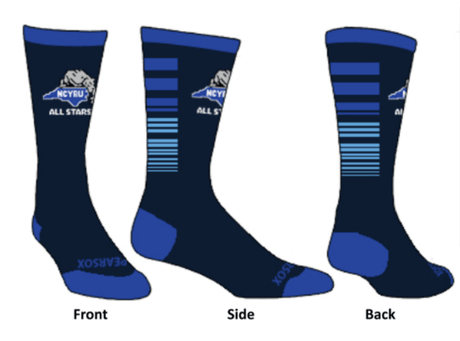 Three views of a pair of NCYRU All Stars crew socks with white stripes and the logo "Pearsox" displayed on each side.