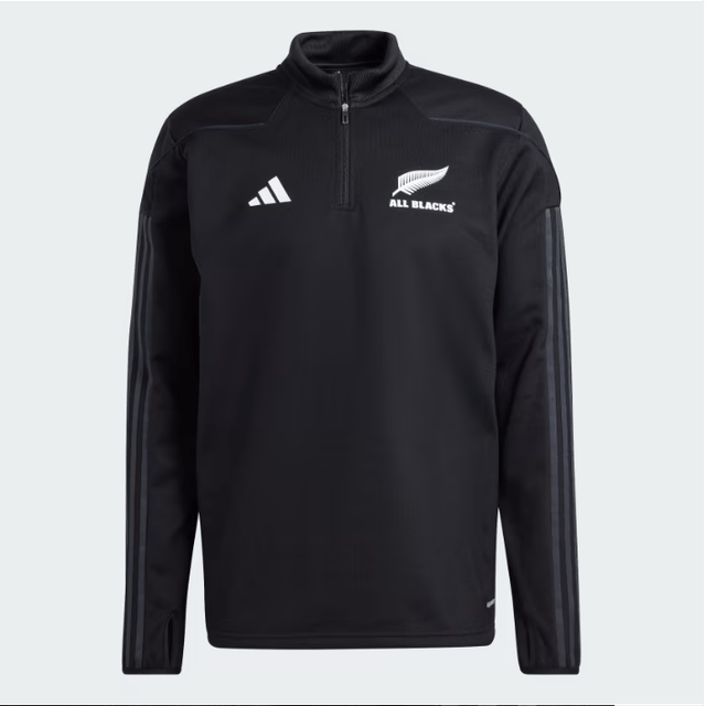 The adidas All Blacks Fleece 1/4 Zip Jacket features a black long-sleeve design with the iconic "All Blacks" and adidas logos on the chest, a quarter-zip collar, and is crafted from recycled polyester polar fleece.