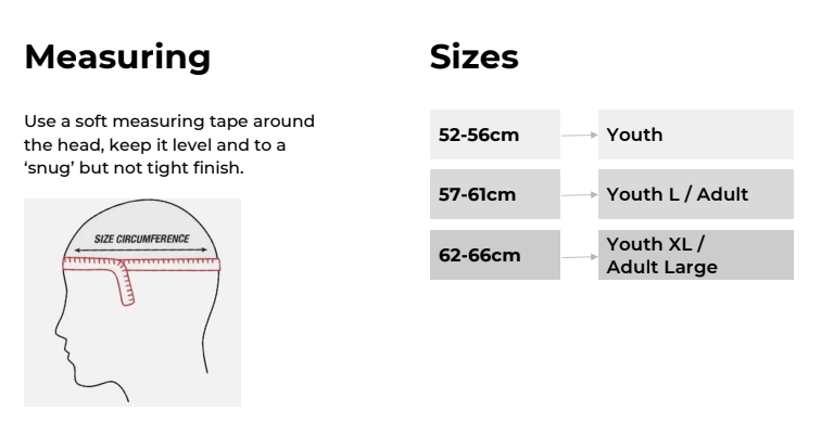 Diagram providing helmet size measurements for the Hedkayse R5 Headguard, featuring Enkayse technology. Instructions indicate to use a tape measure around the head for a snug fit. Sizes given are: Youth (52-56cm), Youth L/Adult (57-61cm), and Youth XL/Adult L (62-66cm). Ideal for rugby protection and more.