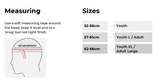 Diagram providing helmet size measurements for the Hedkayse R5 Headguard, featuring Enkayse technology. Instructions indicate to use a tape measure around the head for a snug fit. Sizes given are: Youth (52-56cm), Youth L/Adult (57-61cm), and Youth XL/Adult L (62-66cm). Ideal for rugby protection and more.