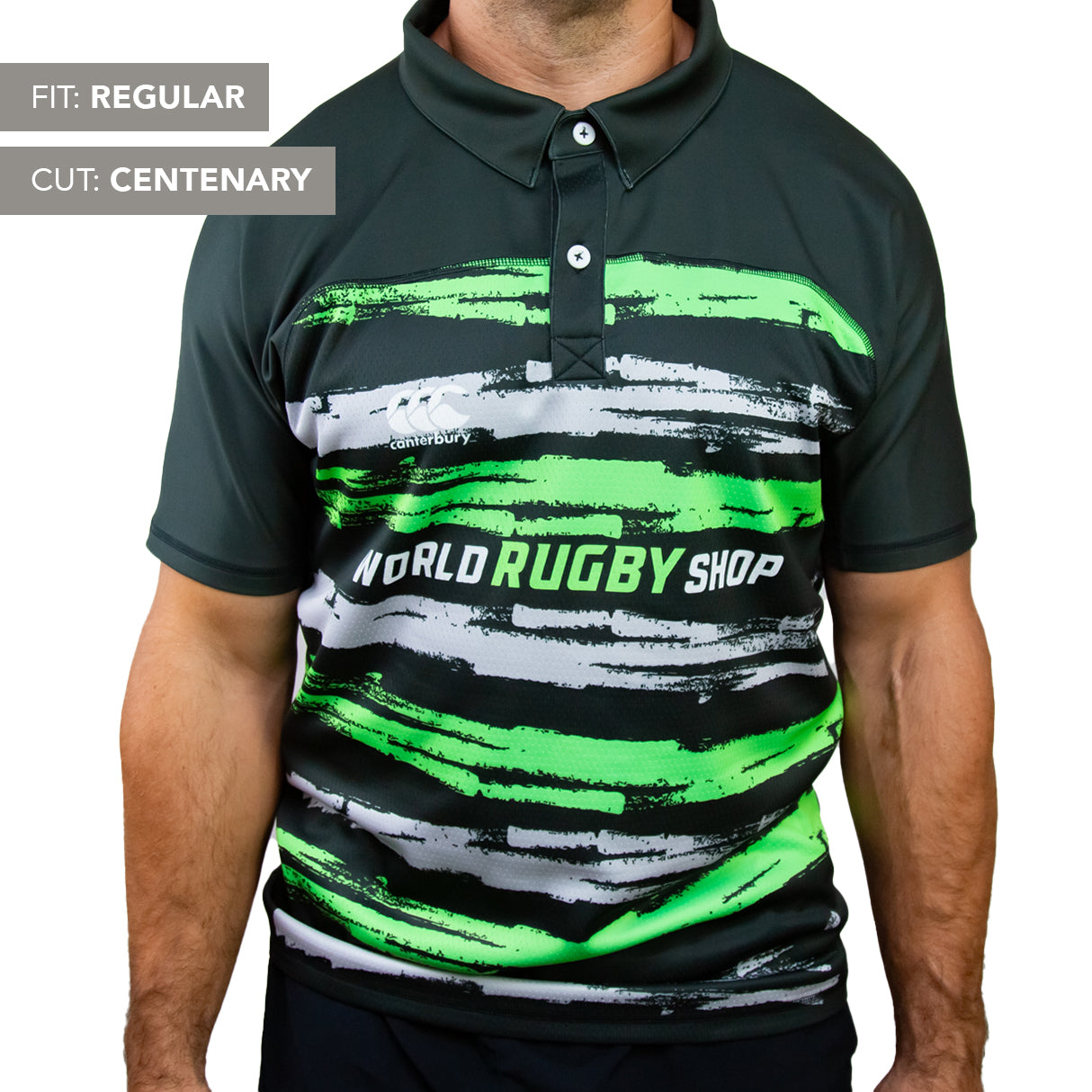 Man wearing the Canterbury Elite Full Custom Sublimated Jersey - Mens by Teamatical, featuring dark green with green, white, and black stripes and "WORLD RUGBY SHOP" text; labeled "FIT: REGULAR," "CUT: CENTENARY.