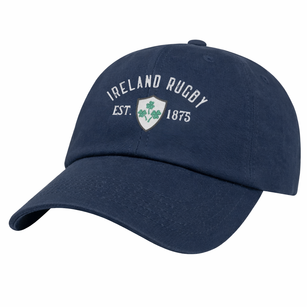 The Ireland Rugby 1875 White Logo Dad Cap by EMB S&S Activewear features a classic design with "Ireland Rugby Est. 1875" and a shamrock crest embroidered on the front—perfect for dedicated fans.