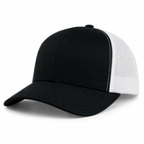 The S&S Activewear Retro Trucker Cap features a solid black front and bill, white mesh back panel, and an adjustable snapback closure.