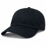 The S&S Activewear Adult Low-Profile Cotton Twill Dad Cap in plain black is displayed against a white background, featuring a curved brim and classic dad cap style.