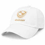 The EMB S&S Activewear USA Rugby Bronze Cotton Twill Dad Cap features a gold USA Rugby logo and text on white cotton twill, shown on a plain white background—the ideal cap for USA Rugby fans.
