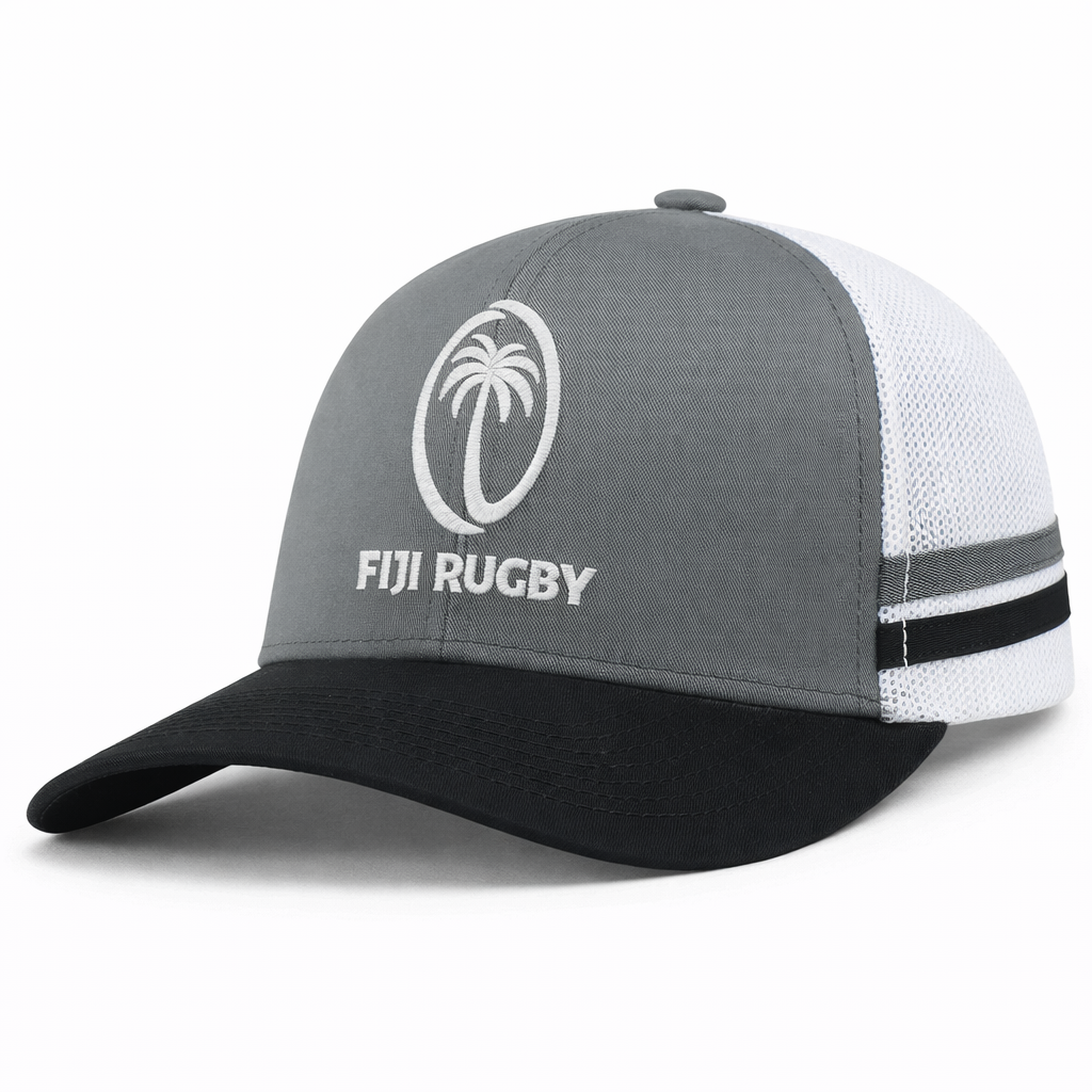 The Fiji Low Profile Stripe Trucker Cap - Limited Edition by Augusta Sportswear is a gray and white mesh hat with a black brim, palm tree logo, and "FIJI RUGBY" on the front.