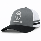 The Fiji Low Profile Stripe Trucker Cap - Limited Edition by Augusta Sportswear is a gray and white mesh hat with a black brim, palm tree logo, and "FIJI RUGBY" on the front.