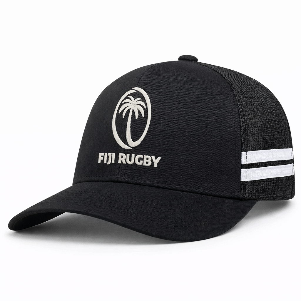 Augusta Sportswear’s Fiji Low Profile Stripe Trucker Cap - Limited Edition features "Fiji Rugby" text, a palm tree logo on the front, and two white stripes on the mesh back panel.