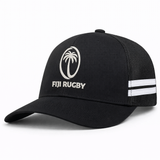 Augusta Sportswear’s Fiji Low Profile Stripe Trucker Cap - Limited Edition features "Fiji Rugby" text, a palm tree logo on the front, and two white stripes on the mesh back panel.