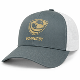 The USA Rugby Bronze Retro Trucker Cap by EMB S&S Activewear features a gray and white design, gold USA Rugby logo and text, mesh back, and curved brim—ideal for women's sevens rugby fans.