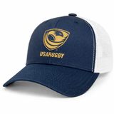 The EMB S&S Activewear USA Rugby Bronze Retro Trucker Cap features a blue and white design with a gold USA Rugby logo and text—ideal for women's sevens rugby fans.