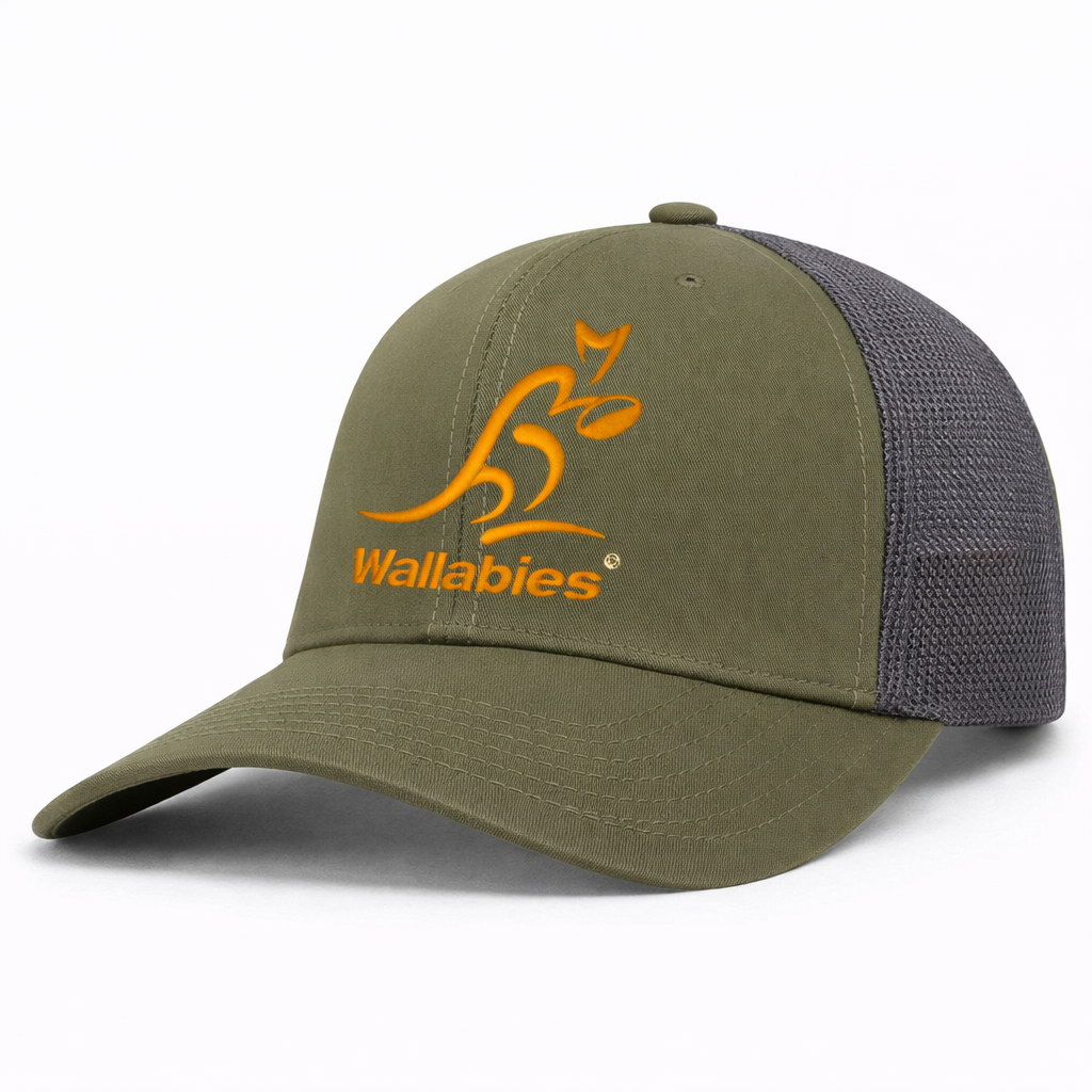 The Augusta Sportswear Australia Wallabies Trucker Snapback - Limited Edition features olive green and gray colors, an orange Wallabies logo, and "Wallabies" on the front.