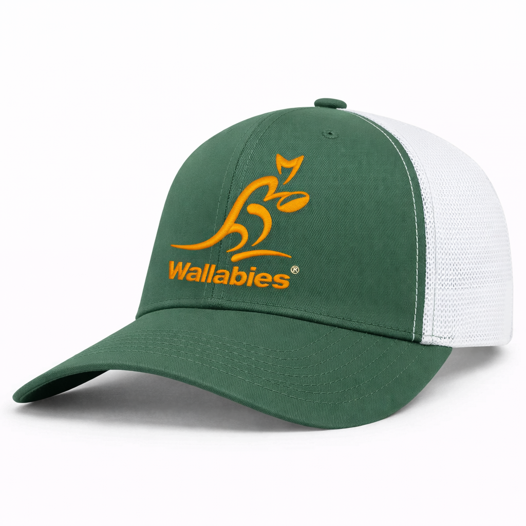 The Australia Wallabies Trucker Snapback - Limited Edition by Augusta Sportswear features a green and white design with a yellow Australia Wallabies logo and text on the front.